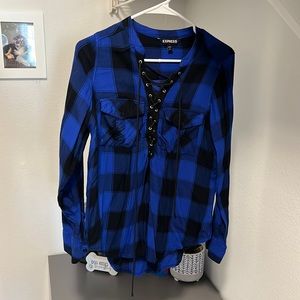Express blue plaid lace up shirt